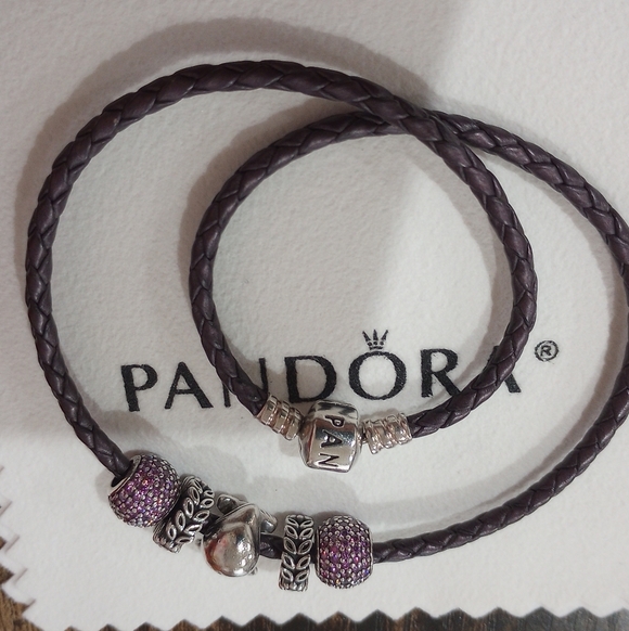 Pandora Jewelry - Pandora Purple Braided Bracelet with Five Authentic Pandora Charms